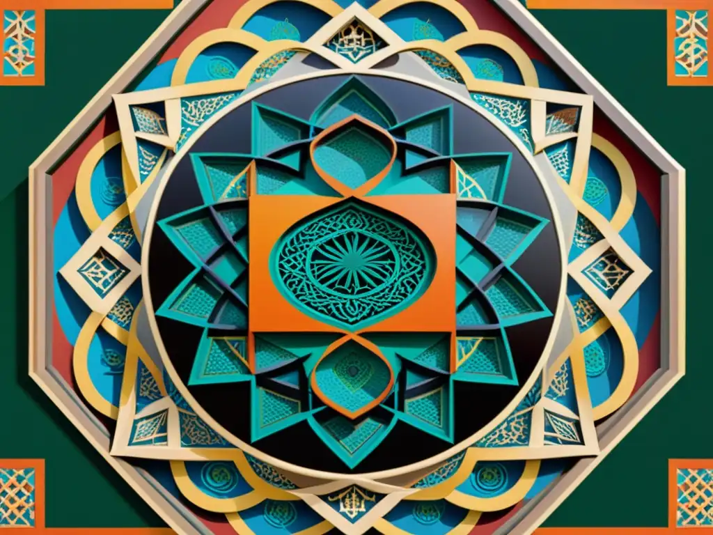 Patrón geométrico islámico: vibrante y preciso Detalle de un patrón geométrico islámico con influencias de matemáticas sufíes espirituales, vibrantes colores y diseños precisos y simétricos