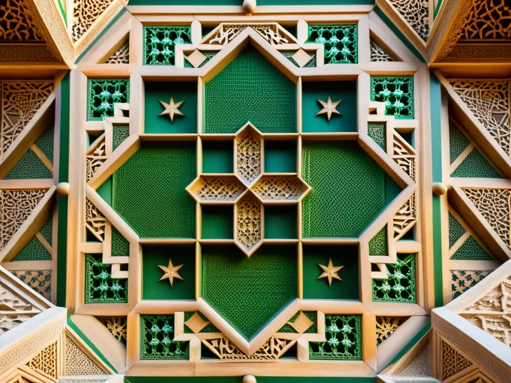 Detalle de simetría y patrones en el arte islámico: compleja geometría estelar y poligonal en Alhambra, Granada