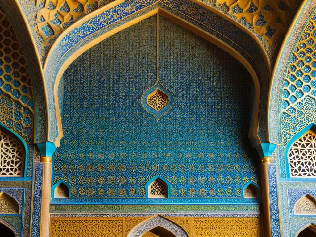 Detalle de los patrones geométricos del arte islámico en la mezquita Sheikh Lotfollah en Isfahán, Irán, con juego de luces y sombras