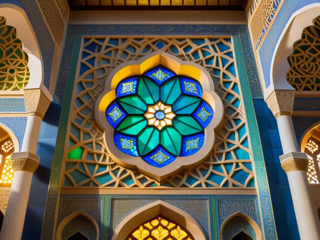 Detalle de patrones geométricos y caligráficos en una majestuosa mezquita, iluminados por la cálida luz del sol a través de vitrales, exhibiendo la influencia del Islam en pintura