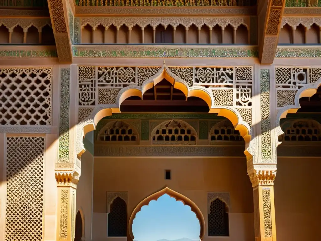 Detalle arquitectura Alhambra, Granada: patrones islámicos, luz solar y armonía entre Islam y razón análisis