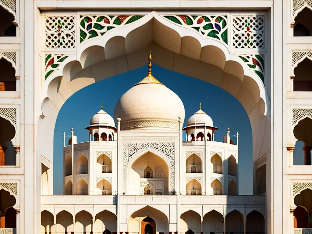 Detalle fotorealista del mármol y piedras preciosas del mausoleo del Taj Mahal, reflejando la grandiosidad del Arte islámico en la India