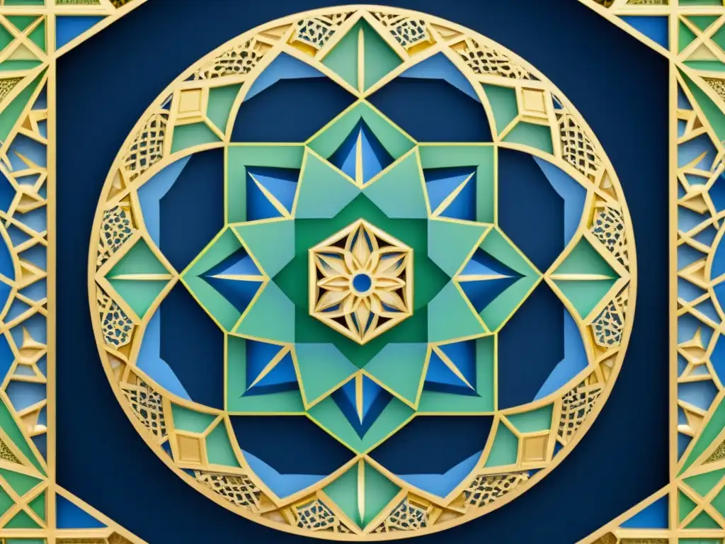 Detalle preciso y armonioso de una compleja geometría sagrada en arte islámico, en tonos vibrantes de azul, verde y oro