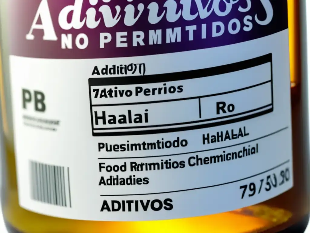 Detalle realista de etiqueta de alimentos con 'Aditivos no permitidos', resaltando la importancia de evitar Aditivos no Halal en dieta