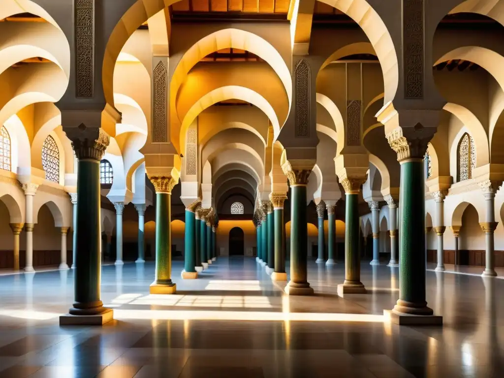 Detalle realista de la Gran Mezquita de Córdoba, resaltando sus intrincados arcos, columnas y patrones geométricos