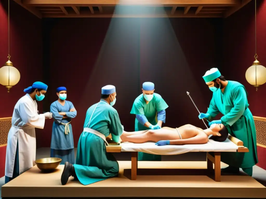 Teatro quirúrgico islámico medieval: precisión histórica y avances médicos Detalle realista de un teatro quirúrgico islámico medieval, con cirujanos realizando procedimientos bajo anestesia