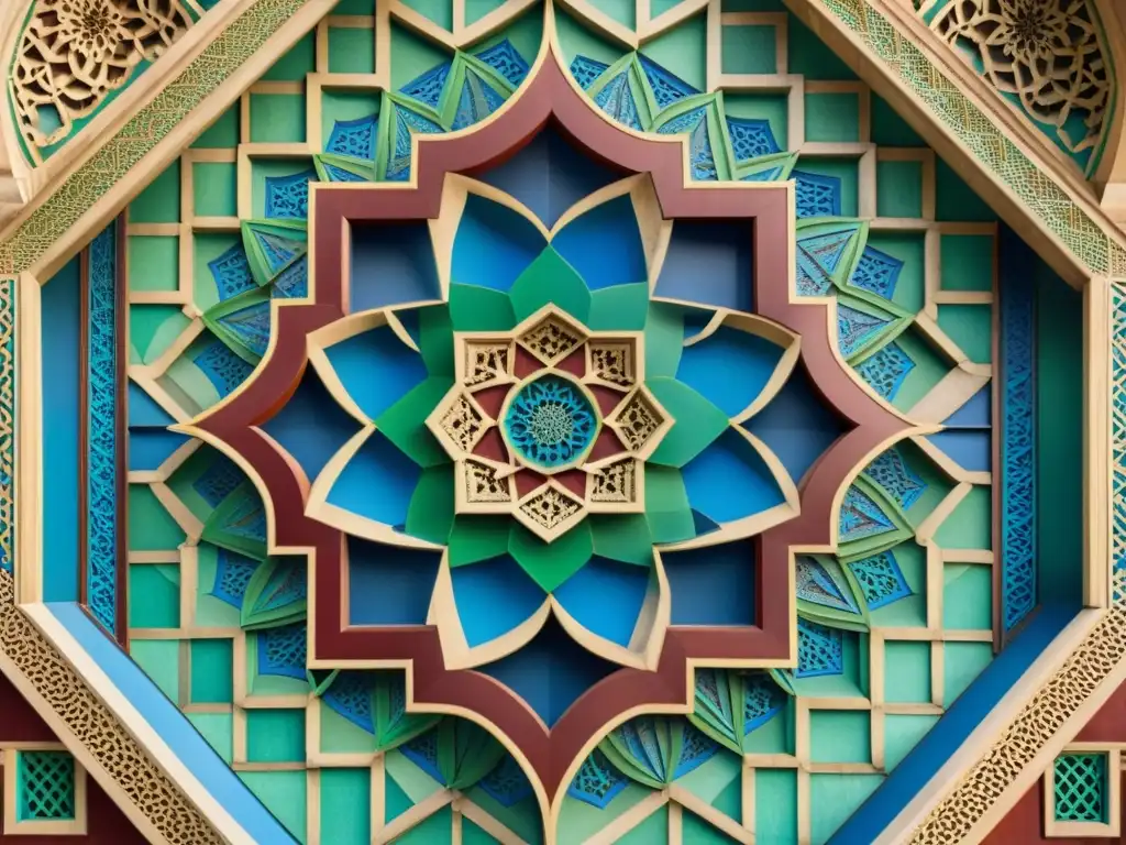 Detalle de la Geometría Sagrada en una mezquita histórica de Asia, destacando la belleza y significado cultural del arte islámico