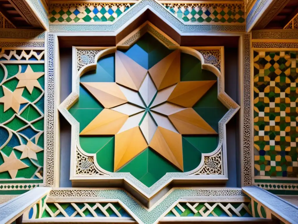 Detalle de los secretos matemáticos del arte islámico en los mosaicos de la Alhambra, con colores vibrantes y patrones geométricos precisos