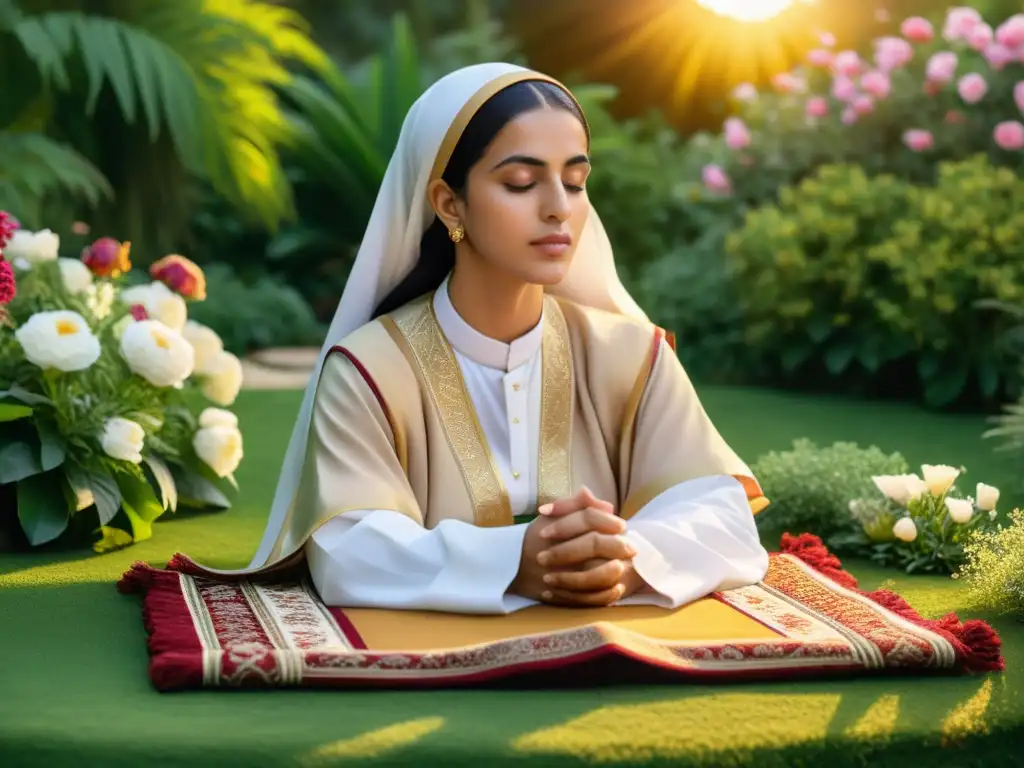 Detalle de ilustración de Rabi'a al'Adawiyya en un jardín sereno rodeada de flores, reflejando la influencia de las mujeres influyentes en el Islam