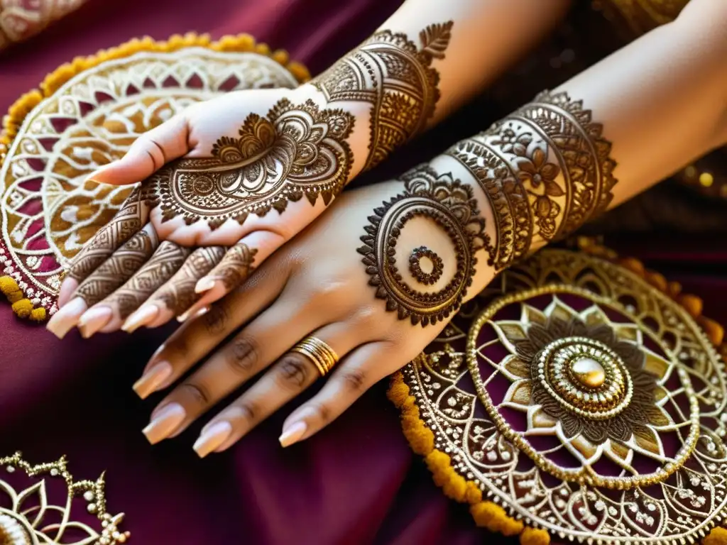 Detalle del significado cultural de la henna en los intrincados diseños de las manos de una mujer, simbolizando amor, prosperidad y protección