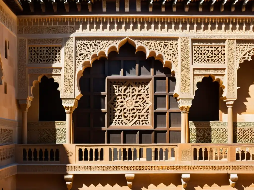 Detalle de los símbolos de la arquitectura nazarí en la Alhambra, con intrincados grabados geométricos y una cálida interacción de luz y sombra