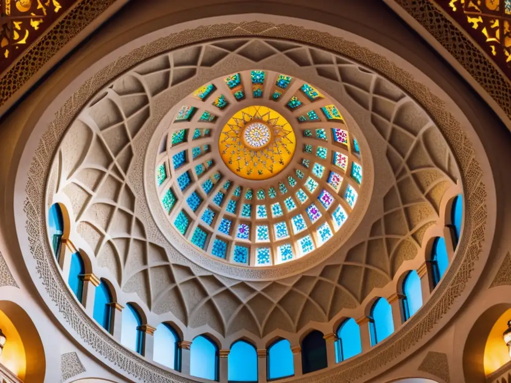 Detalle de cúpula de mármol tallado con patrón geométrico de estrellas y motivos florales, iluminado por luz solar en mezquita