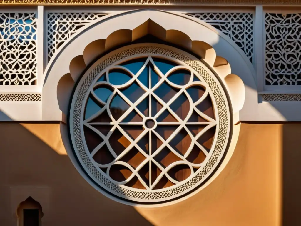 Detalle de Mashrabiya tallado con patrones geométricos, proyectando sombras en la pared iluminada por el cálido sol