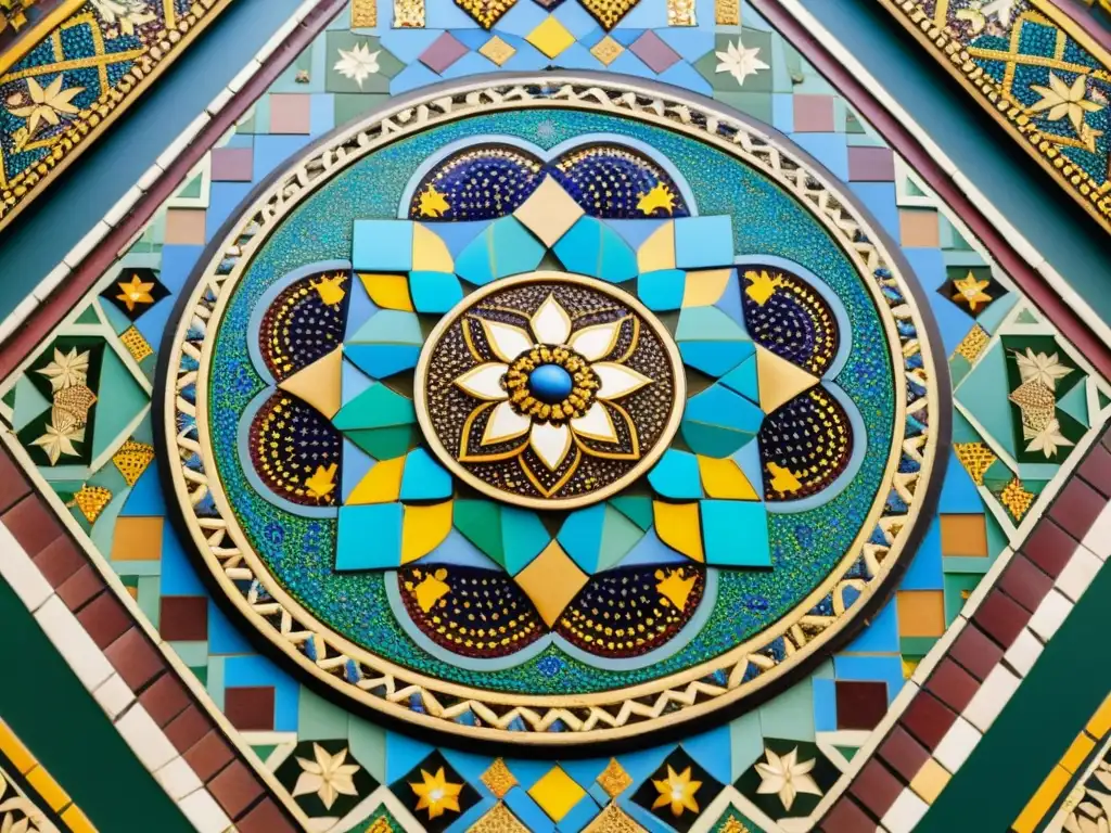 Detalle vibrante de mosaico islámico en movimiento, exhibido en galería iluminada