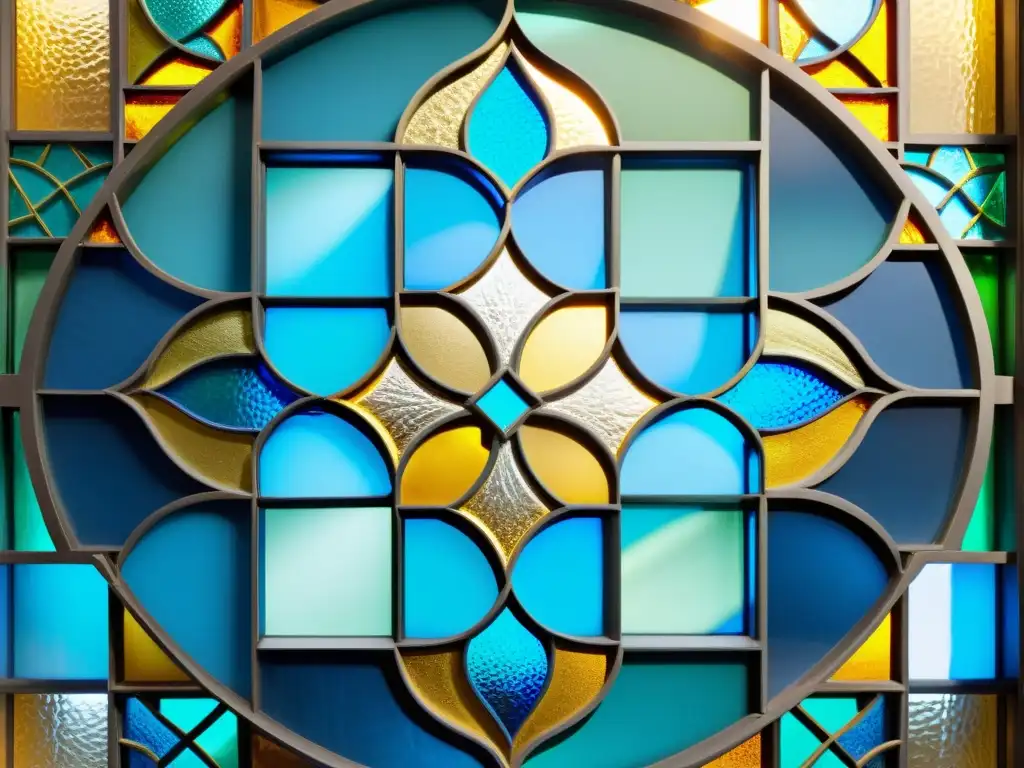 Detalle de vidrieras inspiradas en el Islam con patrones geométricos en azul, verde y dorado, iluminados por la luz solar