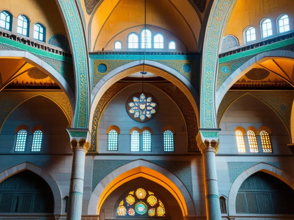 Detalle de los vitrales y columnas de mármol en la majestuosa arquitectura del Imperio Otomano en la Mezquita Süleymaniye de Estambul, Turquía