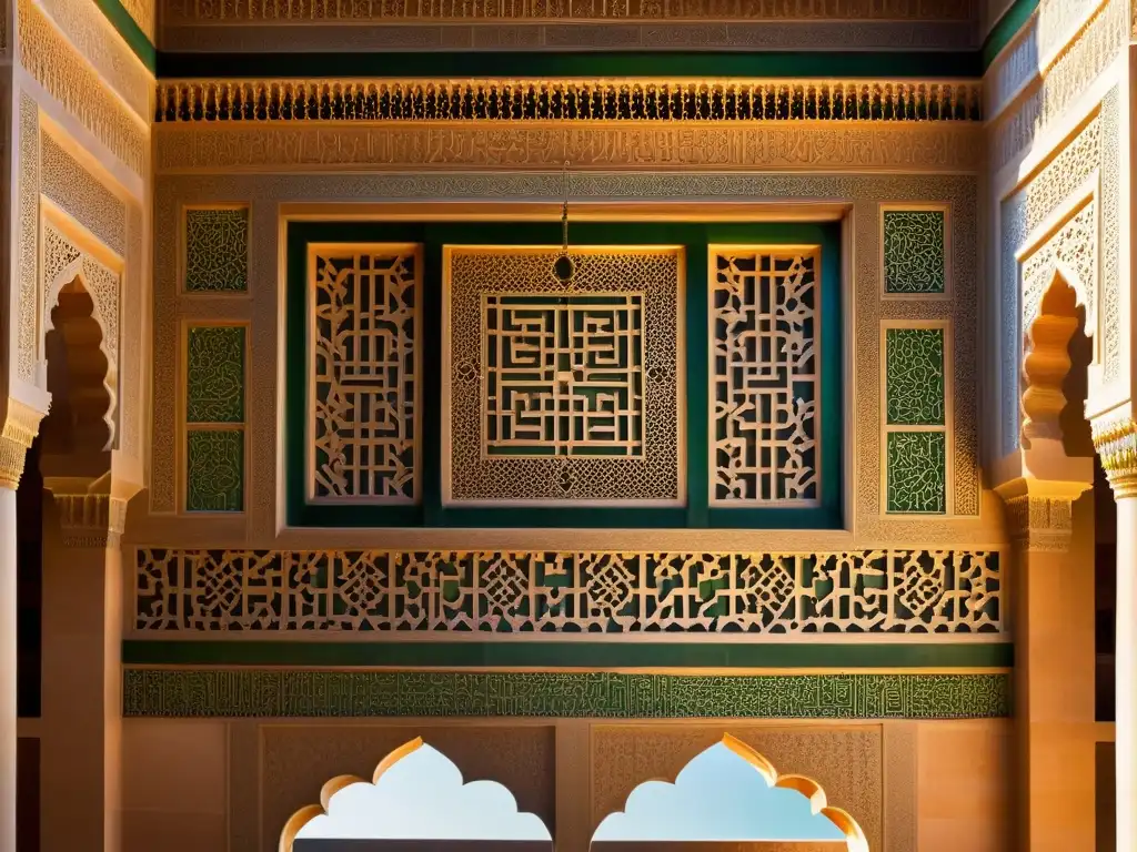 Detalles arquitectónicos islámicos en la Alhambra, influencia del arte islámico en Occidente, juego de luz y sombra en patrones arabescos y caligrafía