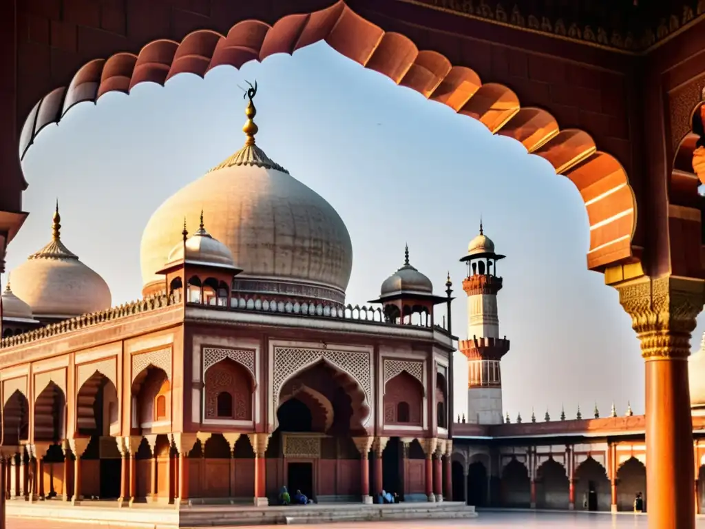 Detalles arquitectónicos de la Jama Masjid, arte islámico en la India, bañados por la cálida luz de la tarde