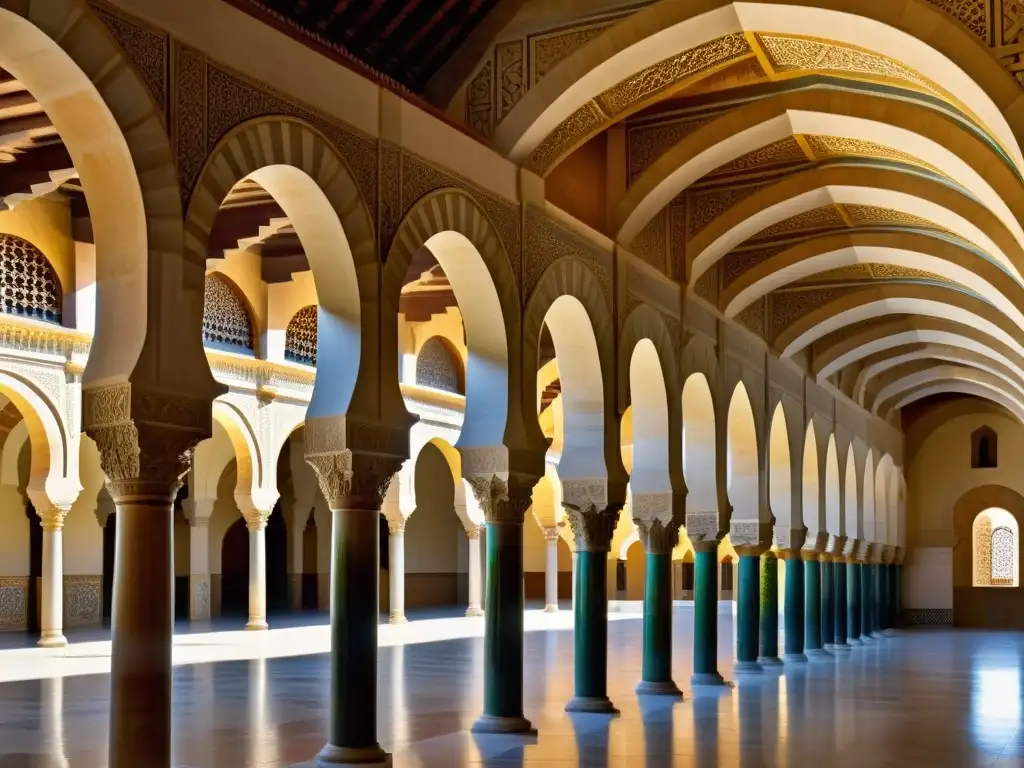 Detalles arquitectónicos de la Mezquita de Córdoba: arcos de herradura, columnas ornamentadas y estuco