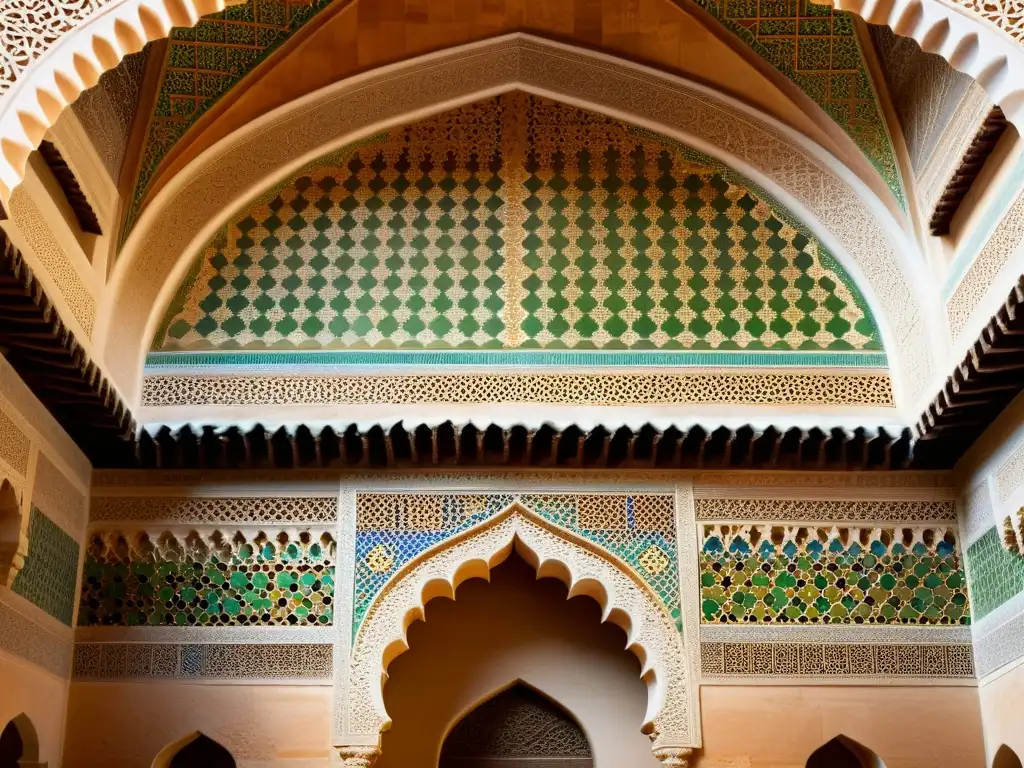 Detalles de la arquitectura islámica en Al-Ándalus, con patrones geométricos y azulejos coloridos en el Palacio de la Alhambra, Granada, España