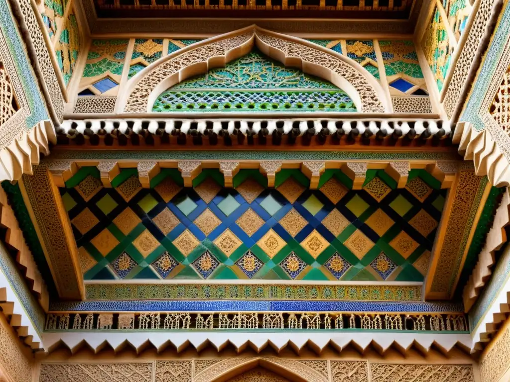 Detalles coloridos y simétricos del arte islámico en la Alhambra, Granada