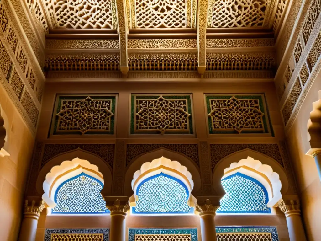 Detalles de estuco en la Alhambra, Granada, proyectando espiritualidad en el arte islámico con patrones geométricos hipnóticos