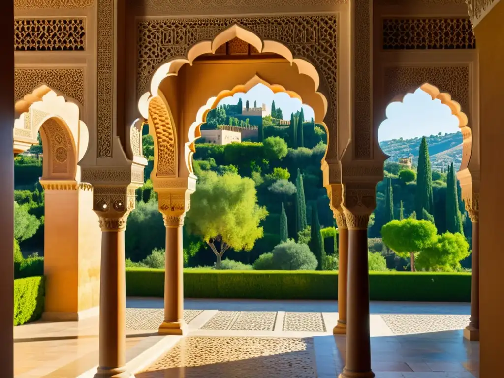 Detalles geométricos y arcos de la Alhambra en Granada, representando la importancia del número áureo en la arquitectura islámica