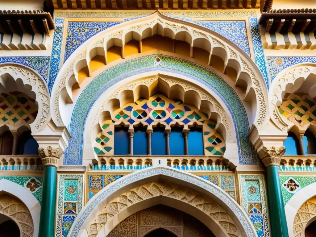 Detalles geométricos y azulejos coloridos en la Gran Mezquita de Córdoba, reflejando el impacto del comercio en arquitectura islámica