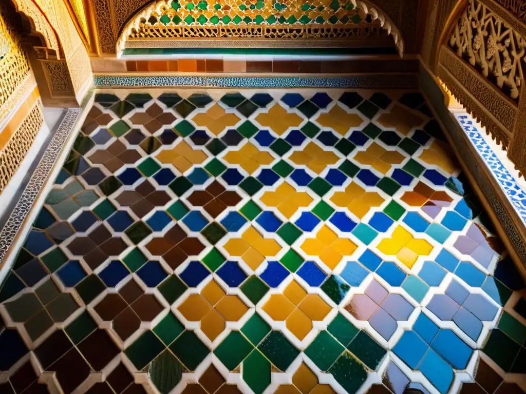 Detalles geométricos y azulejos coloridos en la Alhambra, Granada