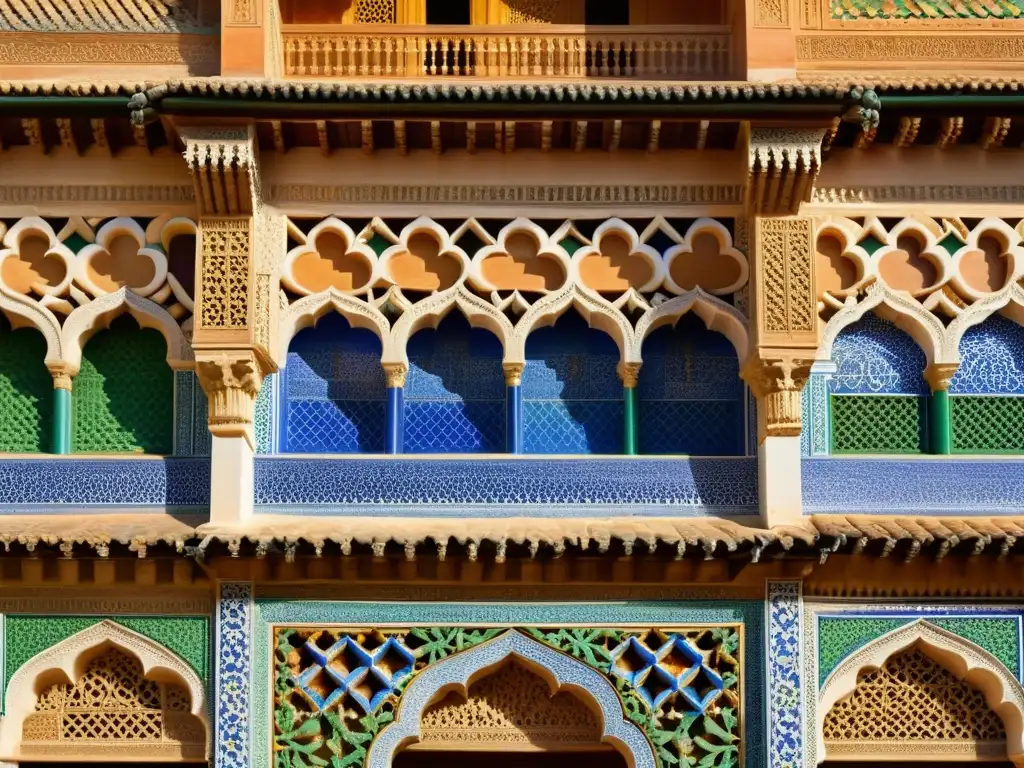 Detalles geométricos y azulejos coloridos de la fachada de la Alhambra en Granada, España