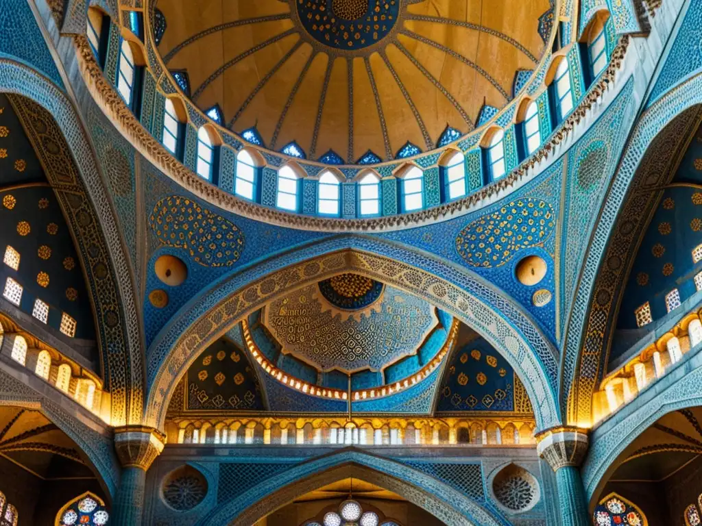 Detalles geométricos y colores vibrantes de la ornamentación islámica en arquitectura sagrada en la Mezquita Azul de Estambul, Turquía