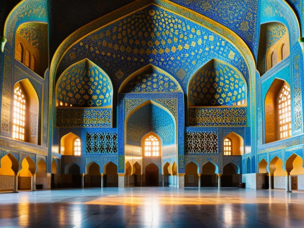 Detalles geométricos del interior de la Mezquita Sheikh Lotfollah en Isfahán, Irán, simbolismo sufí en arte islámico