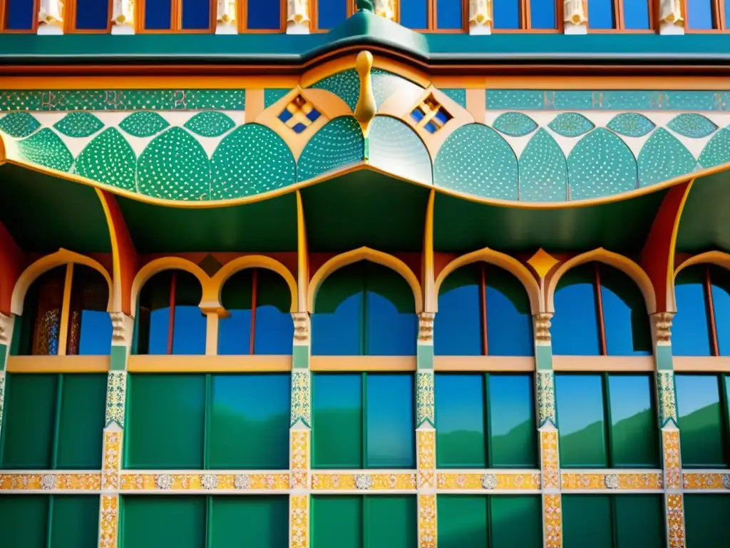 Detalles geométricos islámicos en la fachada de la Casa Vicens en Barcelona, fusionando el Art Nouveau