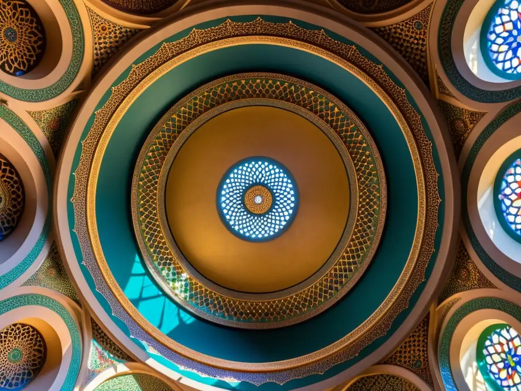 Detalles geométricos y simbolismos en la cúpula de una mezquita, con colores vibrantes y significados ocultos en el diseño