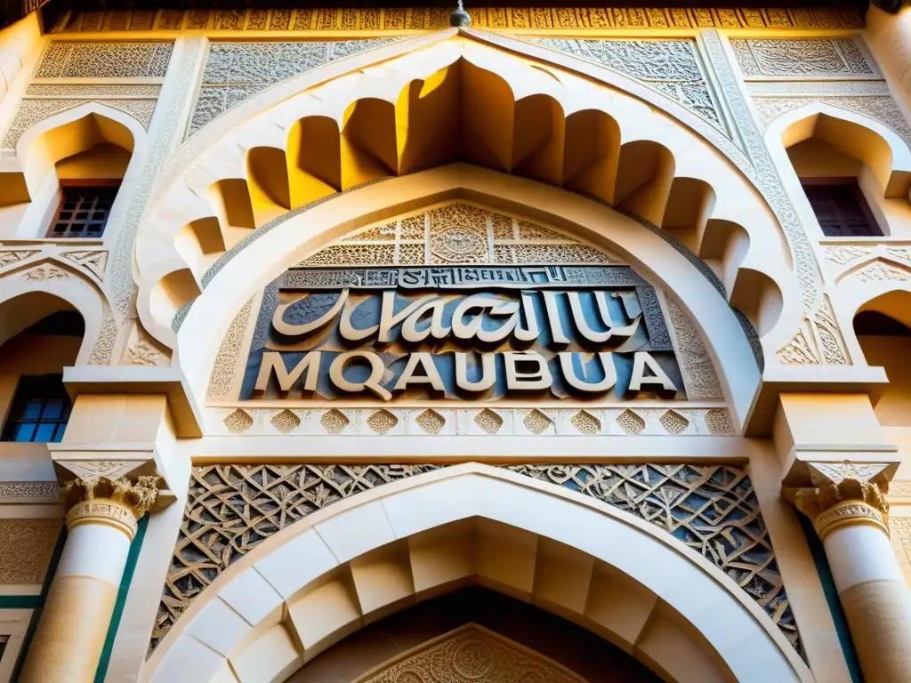 Detalles de la herencia del arte islámico en escultura en la fachada de la Gran Mezquita de Córdoba, con sombras dramáticas por la cálida luz solar