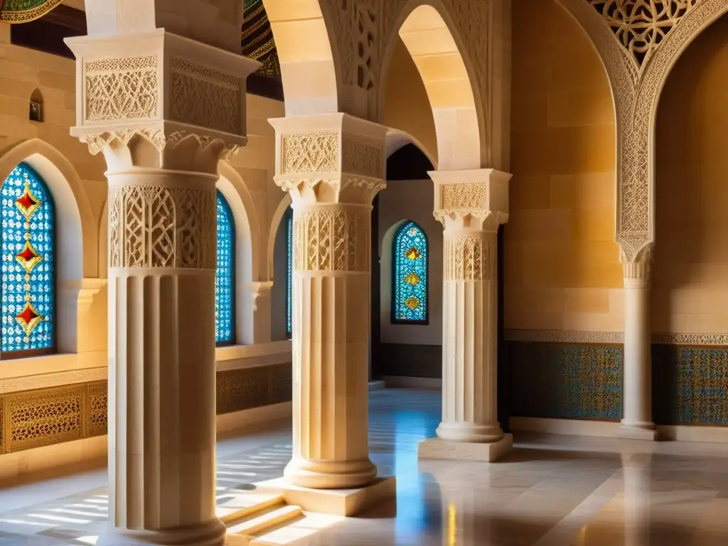 Detalles impresionantes de columnas y arcos de piedra travertino en una histórica mezquita