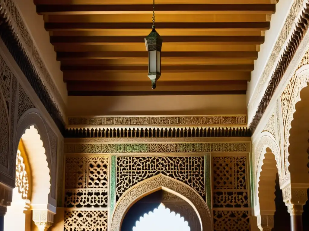 Detalles impresionantes de la ornamentación islámica en arquitectura sagrada en el interior del Palacio de la Alhambra en Granada, España