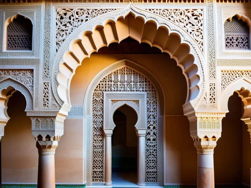 Detalles impresionantes de la Alhambra, Granada: arquitectura morisca y juego de luces y sombras resaltando la magnificencia del palacio