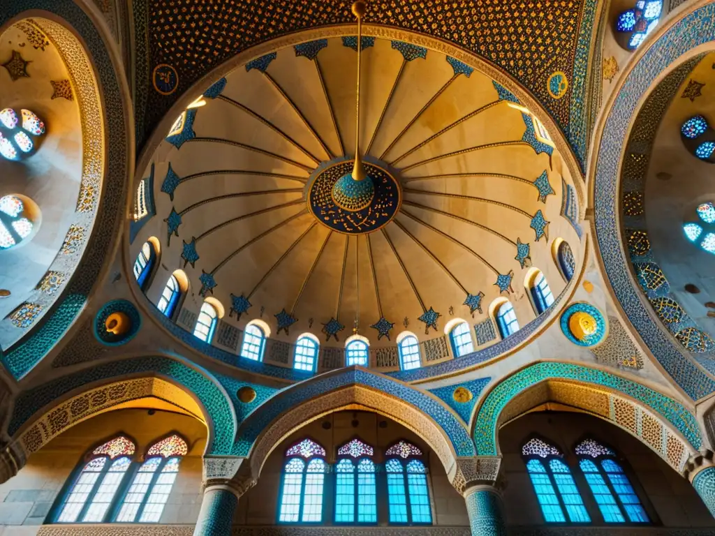 Detalles intrincados del arte islámico en el sudeste asiático: cúpulas, minaretes y diseños geométricos en la Mezquita Azul de Estambul