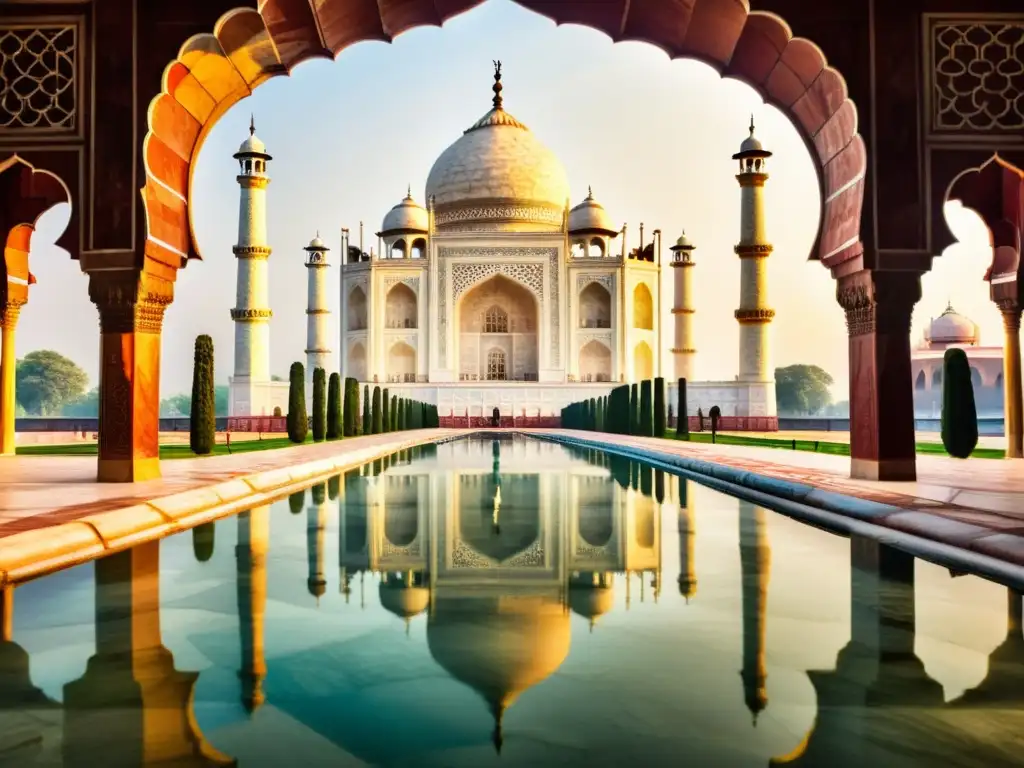 Detalles intrincados de la influencia islámica en la arquitectura india en el Taj Mahal, con exquisitos diseños de mármol y tallados