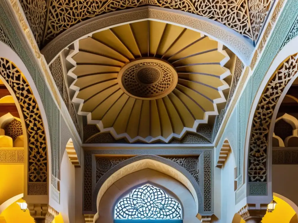 Detalles intrincados de la ornamentación en mezquitas islámicas en la Gran Mezquita de Córdoba, con juegos de luz y sombra que realzan su belleza