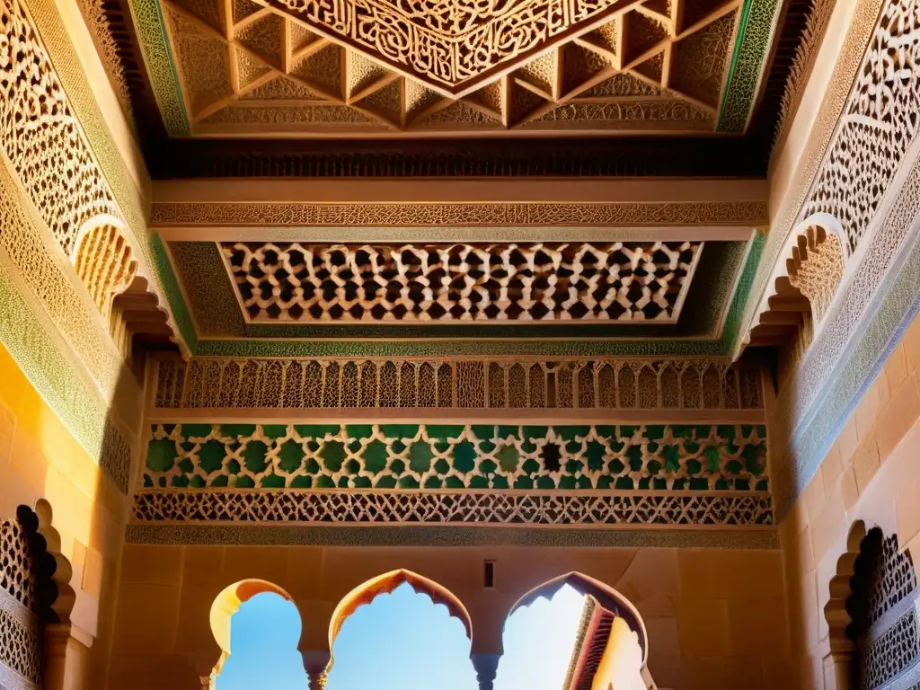 Detalles intrincados de los símbolos arquitectónicos nazaríes en la Alhambra, con patrones geométricos y diseños árabes que deslumbran con su juego de luz y sombra, transportando a un mundo de belleza atemporal