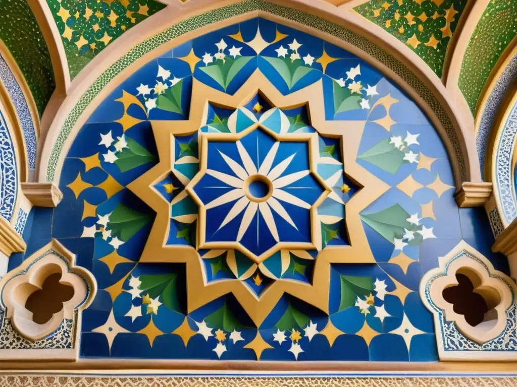 Detalles de la geometría divina en palacio andalusí: intrincados patrones de estrellas, polígonos y motivos florales en azul, verde y dorado