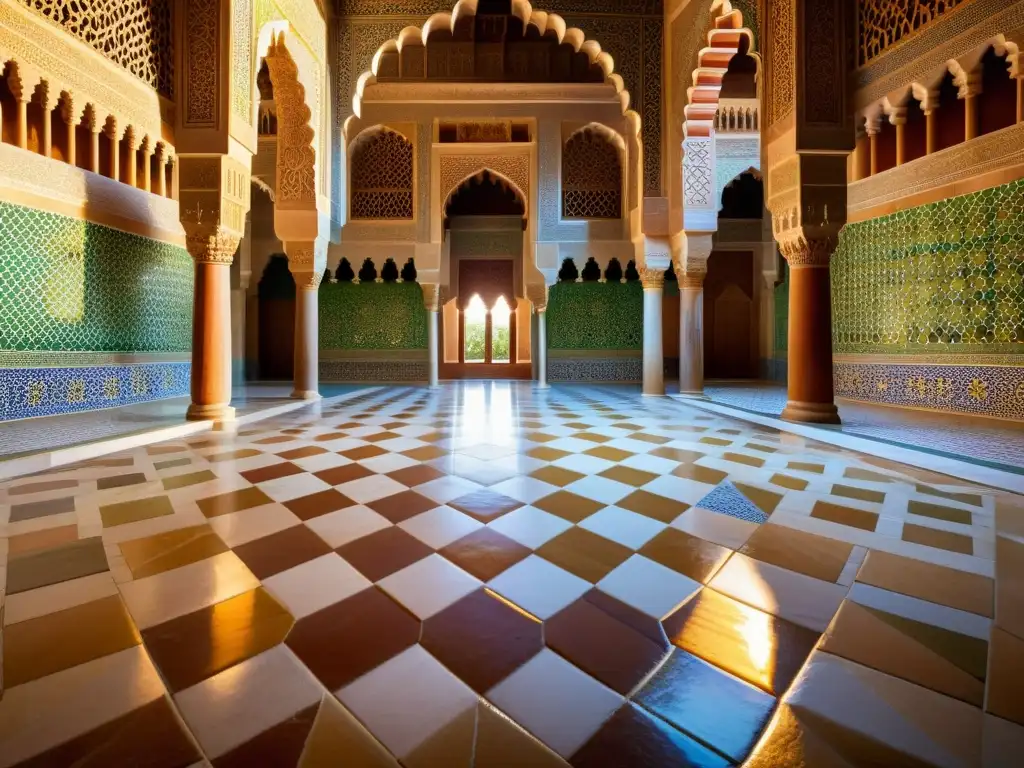 Detalles vibrantes de la arquitectura esotérica del Califato Fatimí en el interior del Palacio de la Alhambra, con patrones geométricos y juego de luces