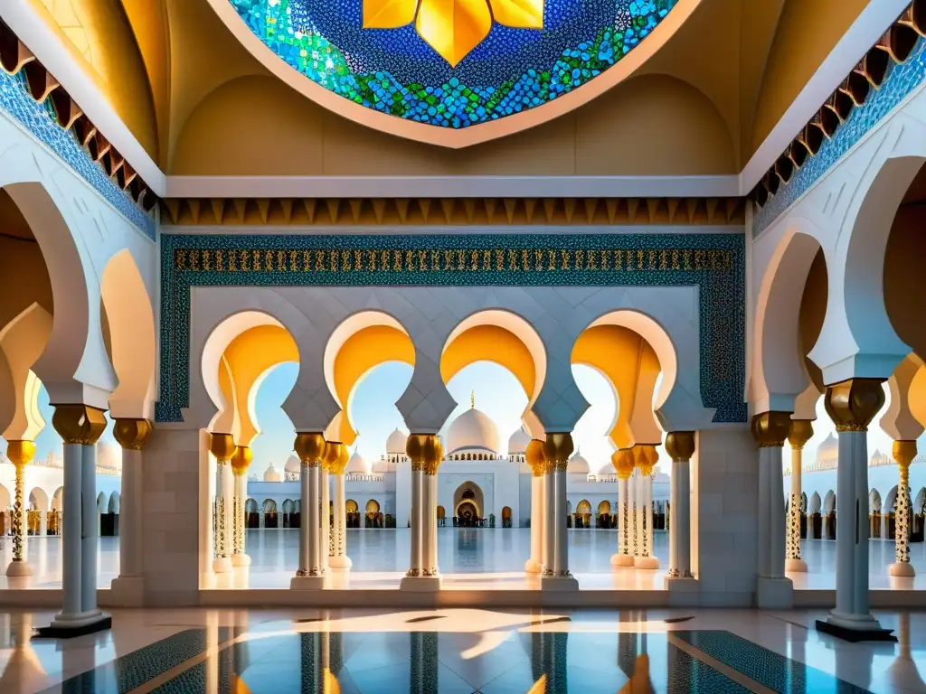 Detalles vibrantes de los mosaicos en la mezquita islámica reflejan la influencia en la arquitectura contemporánea