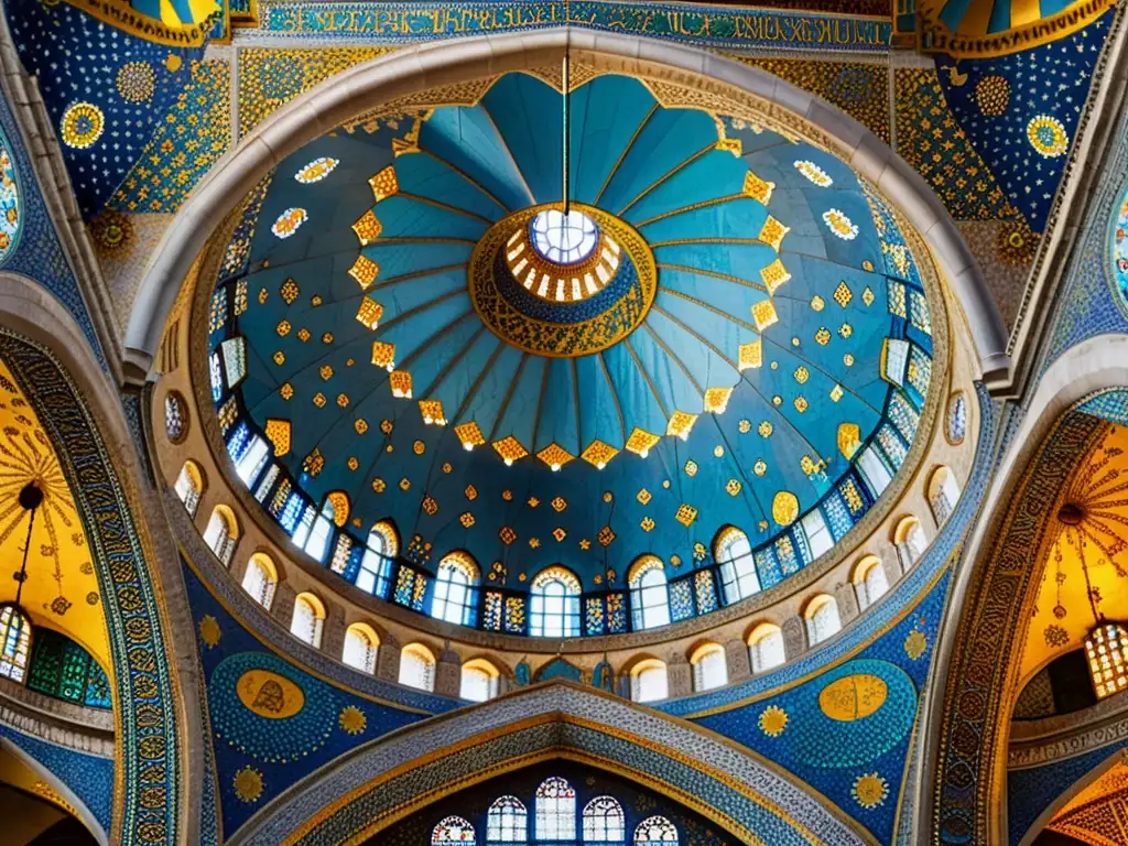 Detalles vibrantes de mosaicos en mezquitas islámicas, resaltando la artesanía y tradición arquitectónica en la Mezquita Azul de Estambul, Turquía