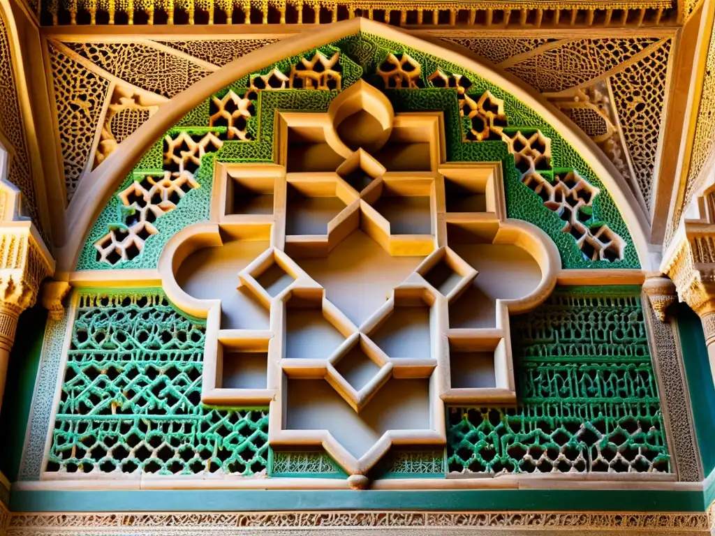 Detalles vibrantes y patrones ornamentados del arte islámico geometría divina en la Alhambra, Granada, transmiten armonía y belleza