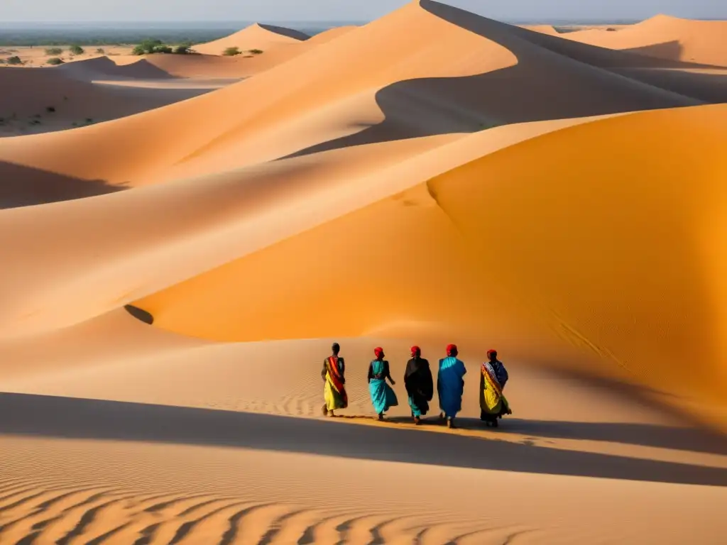 Dinastía Kanem-Bornu en el Sahel: Paisaje del Sahel con descendientes de la dinastía Kanem-Bornu y antiguas ruinas al atardecer