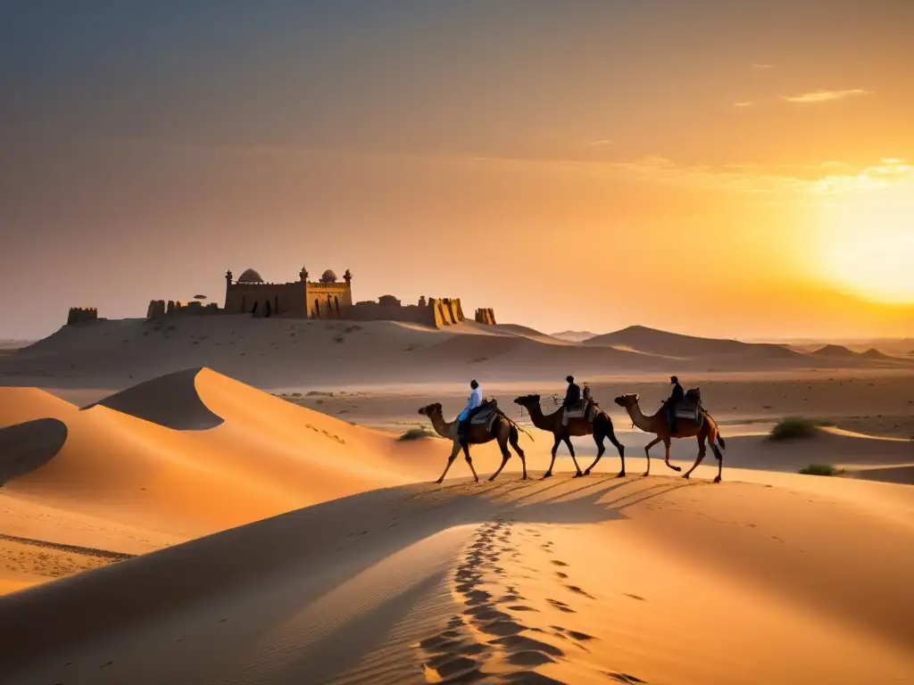 Dinastía Kanem-Bornu en el Sahel: Ruinas ancestrales en el desierto con camellos y un atardecer dorado