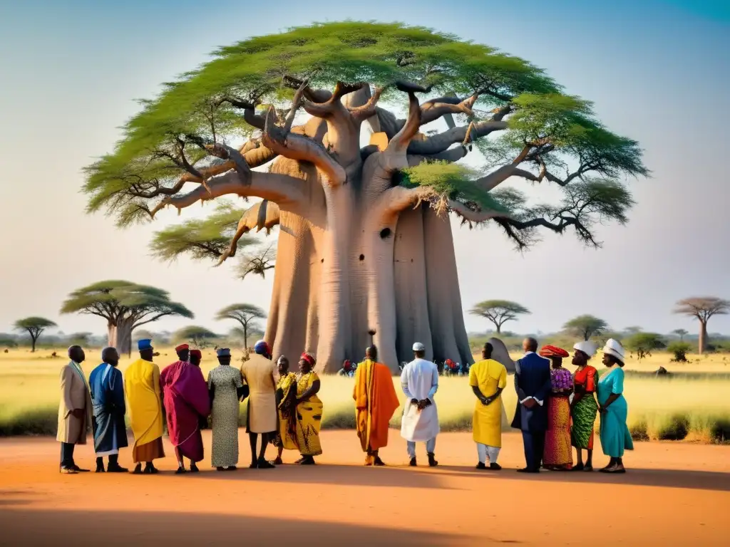 Diplomacia en el Islam africano: Reunión de diplomáticos africanos bajo un baobab, inmersos en una profunda y seria discusión